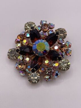 Vintage Rhinestone Flower Brooch Amber AB Crystal Gold Tone Mid Century